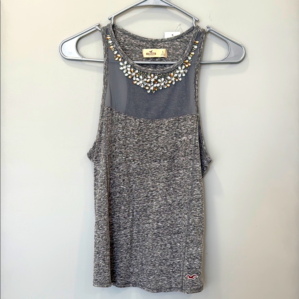 Hollister Gray Tank w/Sheer Neckline Embellished w/Silver & Copper Rhinestones